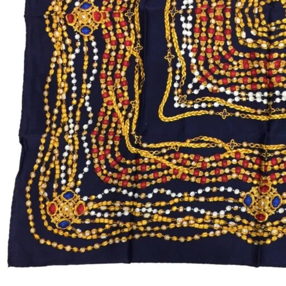 Authentic CHANEL Silk head Scarf large 34” 87cm Like NEW Navy Red